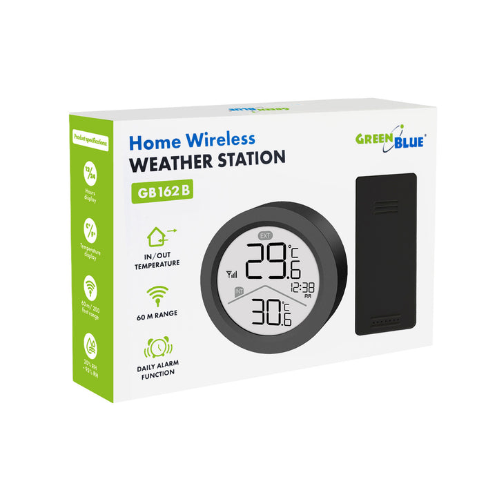 GreenBlue Wireless Weather Station, Indoor/Outdoor Temperature, Clock, °C / °F Selectable, Range up to 60 m, Black, GB162 B