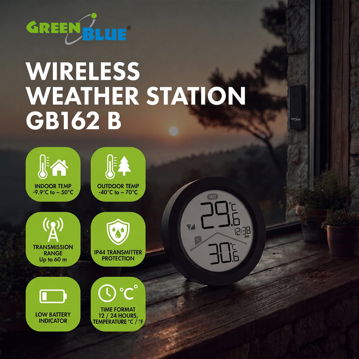 GreenBlue Wireless Weather Station, Indoor/Outdoor Temperature, Clock, °C / °F Selectable, Range up to 60 m, Black, GB162 B