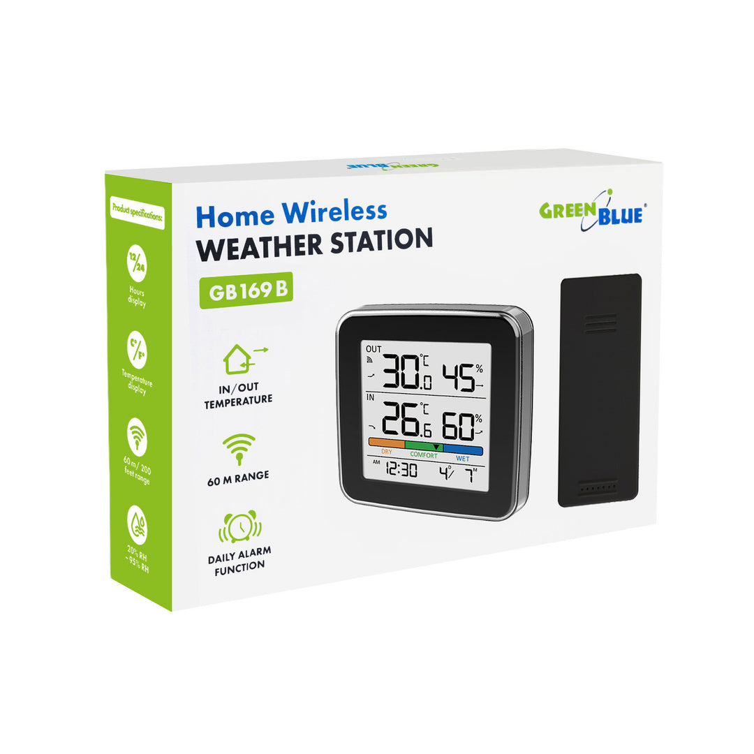 GreenBlue Wireless Weather Station, Indoor/Outdoor Temperature and Humidity, Clock, Alarm, and Date, °C / °F, up to 60 m, Black, GB169 B