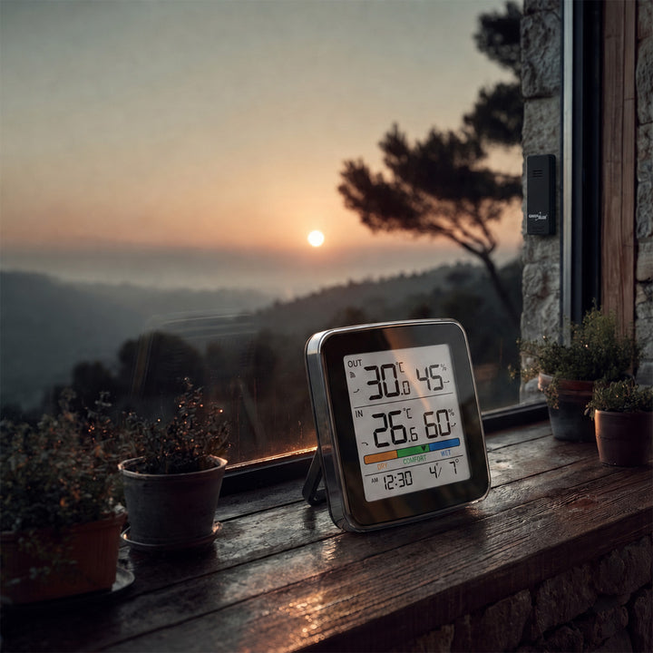 GreenBlue Wireless Weather Station, Indoor/Outdoor Temperature and Humidity, Clock, Alarm, and Date, °C / °F, up to 60 m, Black, GB169 B