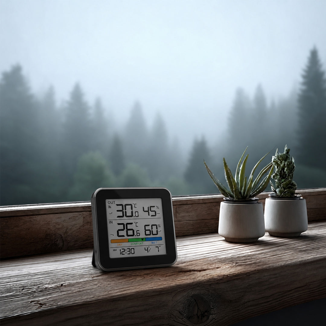GreenBlue Wireless Weather Station, Indoor/Outdoor Temperature and Humidity, Clock, Alarm, and Date, °C / °F, up to 60 m, Black, GB169 B