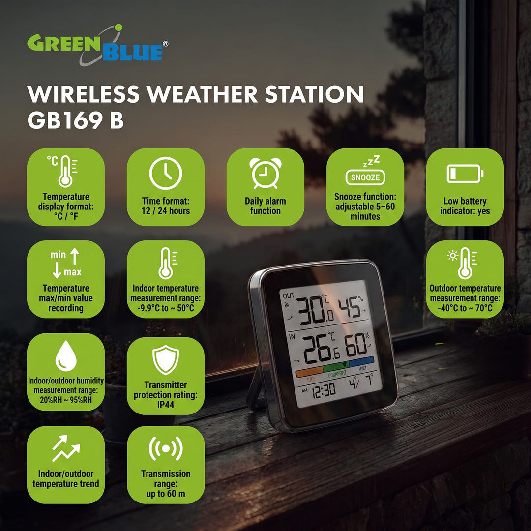 GreenBlue Wireless Weather Station, Indoor/Outdoor Temperature and Humidity, Clock, Alarm, and Date, °C / °F, up to 60 m, Black, GB169 B
