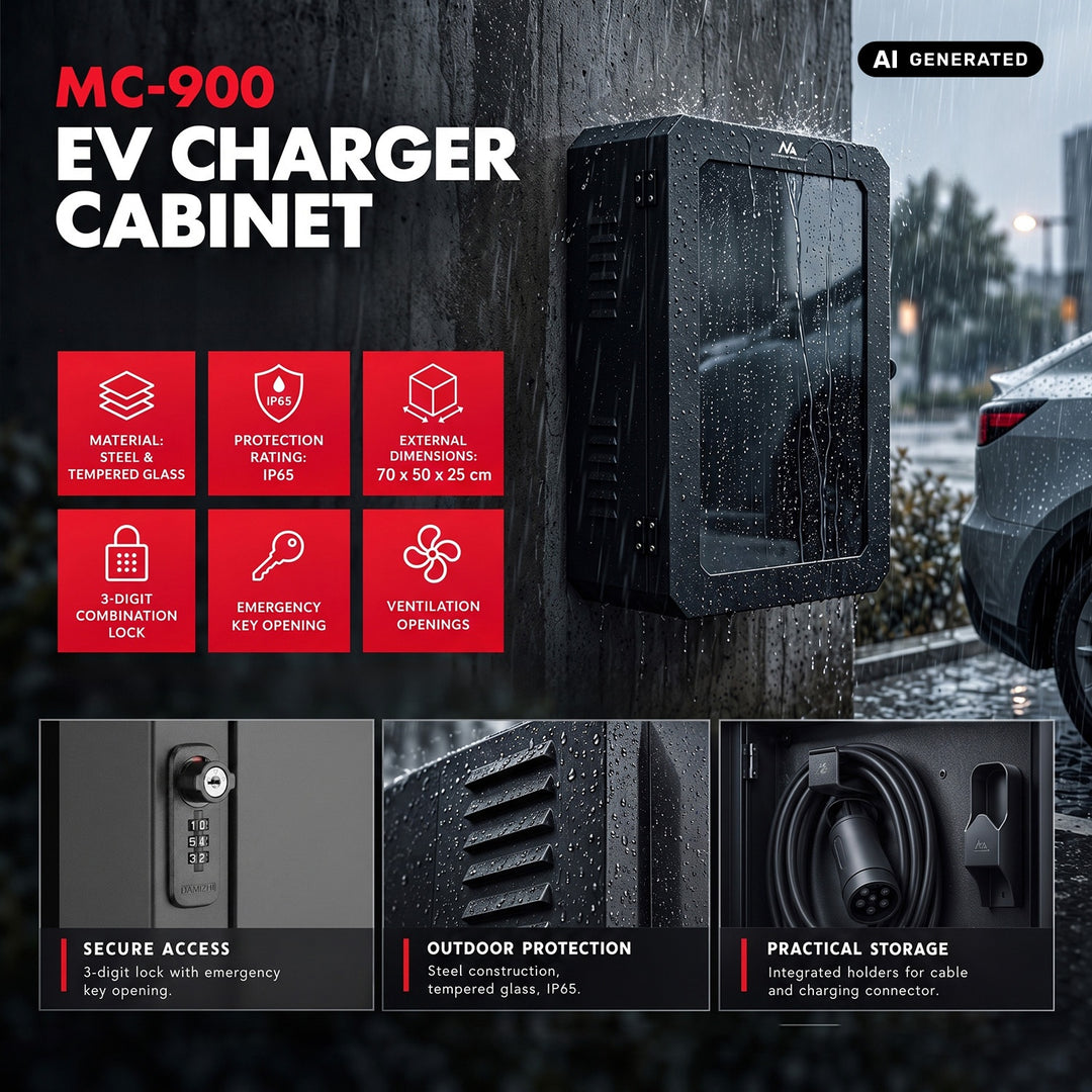 Maclean EV Charger Cabinet, IP65 Waterproof, Steel + Tempered Glass, Dimensions 70x50x25 cm, MC-900