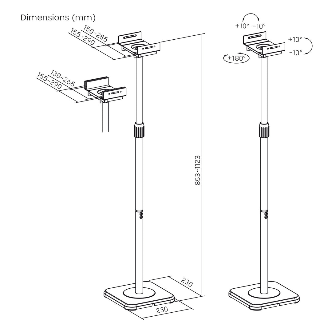 Set of Maclean floor stands for speakers, universal, vertical and horizontal adjustment +10°–10°, max. 5 kg, MC-916