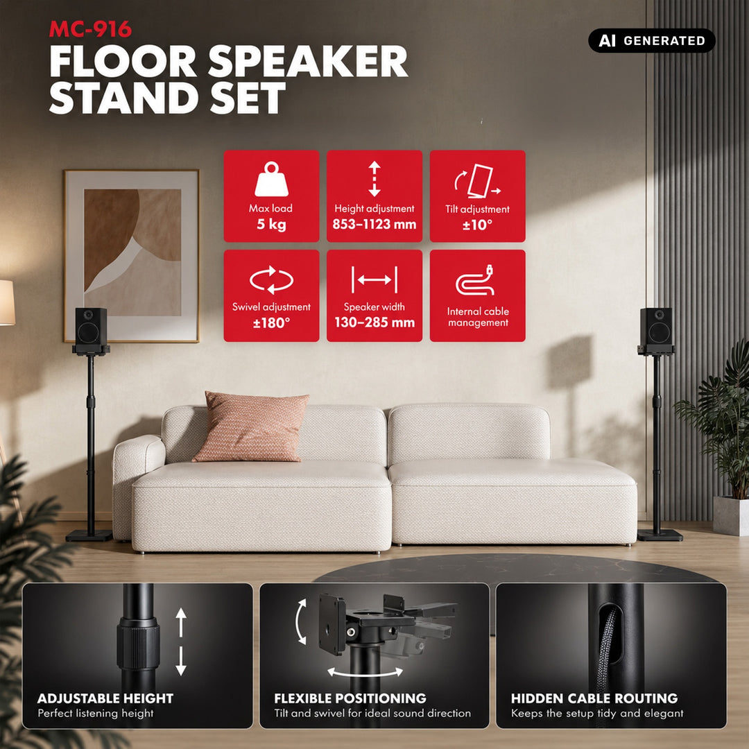 Set of Maclean floor stands for speakers, universal, vertical and horizontal adjustment +10°–10°, max. 5 kg, MC-916