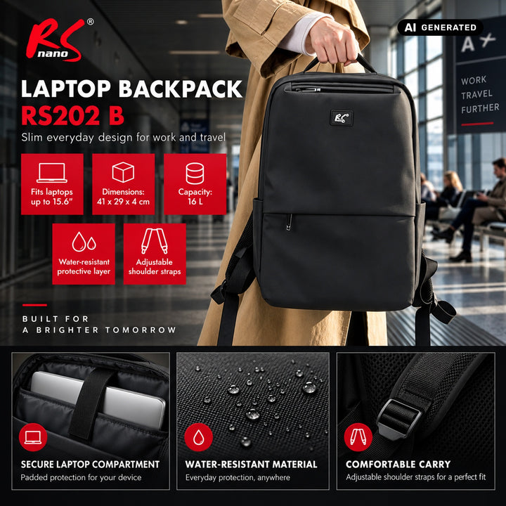 NanoRS Laptop Backpack, 15.6", Black, 41x29x4, Waterproof RS202 B