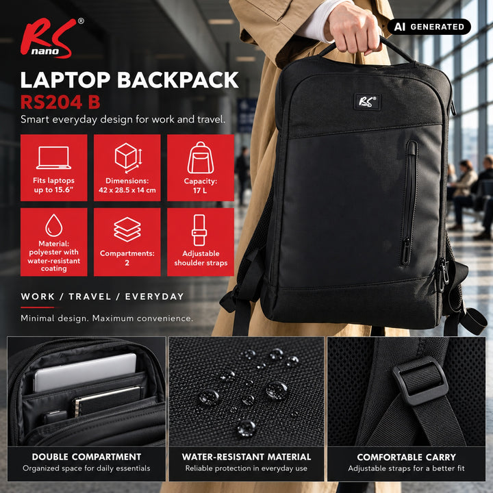 NanoRS Laptop Backpack, 15.6", Black, 42x28.5x14, Waterproof RS204 B
