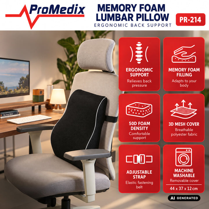 Promedix Memory Foam Lumbar Pillow, 44x37x12 cm, foam density: 50D, PR-214