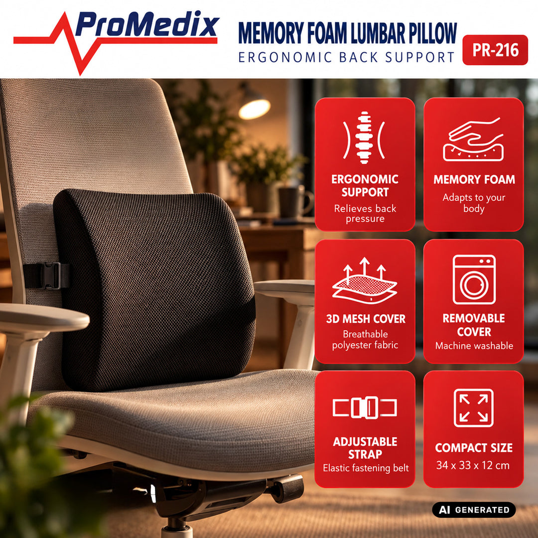 Promedix Memory Foam Lumbar Pillow, 34x33x12 cm, foam density: 50D, PR-216