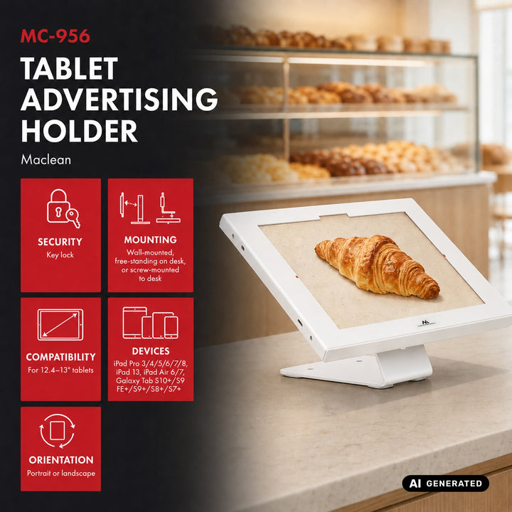 Maclean Tablet Advertising Mount with Lock, 12.4"-13", iPad Air/Pro, Samsung Tab S10+/S9+/S8+/S7+, 257x350x22mm, MC-956 W