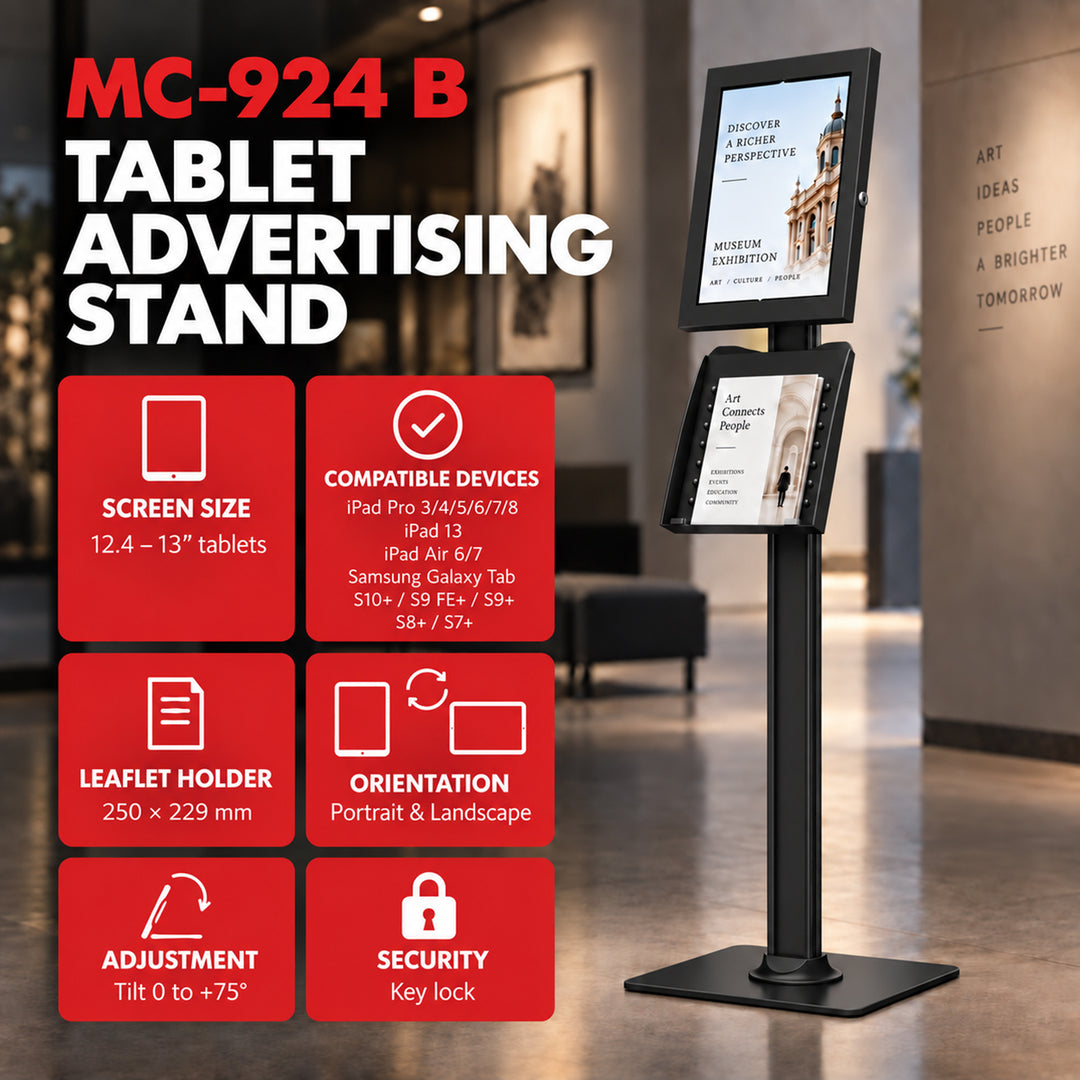 Maclean Tablet Advertising Mount with Lock. 12.4"-13", iPad Air/Pro, Samsung Tab S10+/S9+/S8+/S7+, 257x350x22mm, MC-924 B