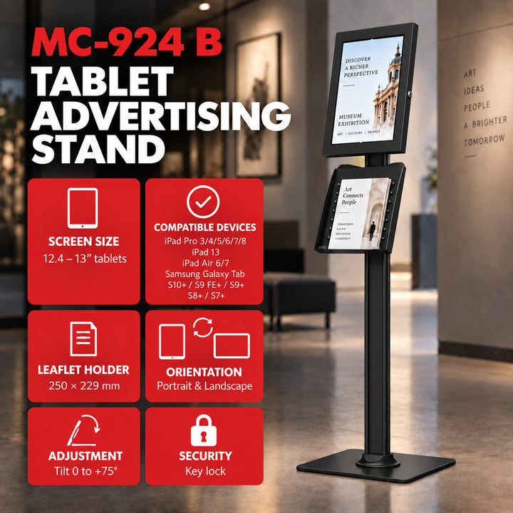 Maclean Tablet Advertising Mount with Lock. 12.4"-13", iPad Air/Pro, Samsung Tab S10+/S9+/S8+/S7+, 257x350x22mm, MC-924 B