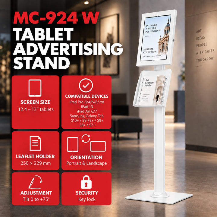 Maclean Tablet Advertising Mount with Lock, 12.4"-13", iPad Air/Pro, Samsung Tab S10+/S9+/S8+/S7+, 257x350x22mm, MC-924 W