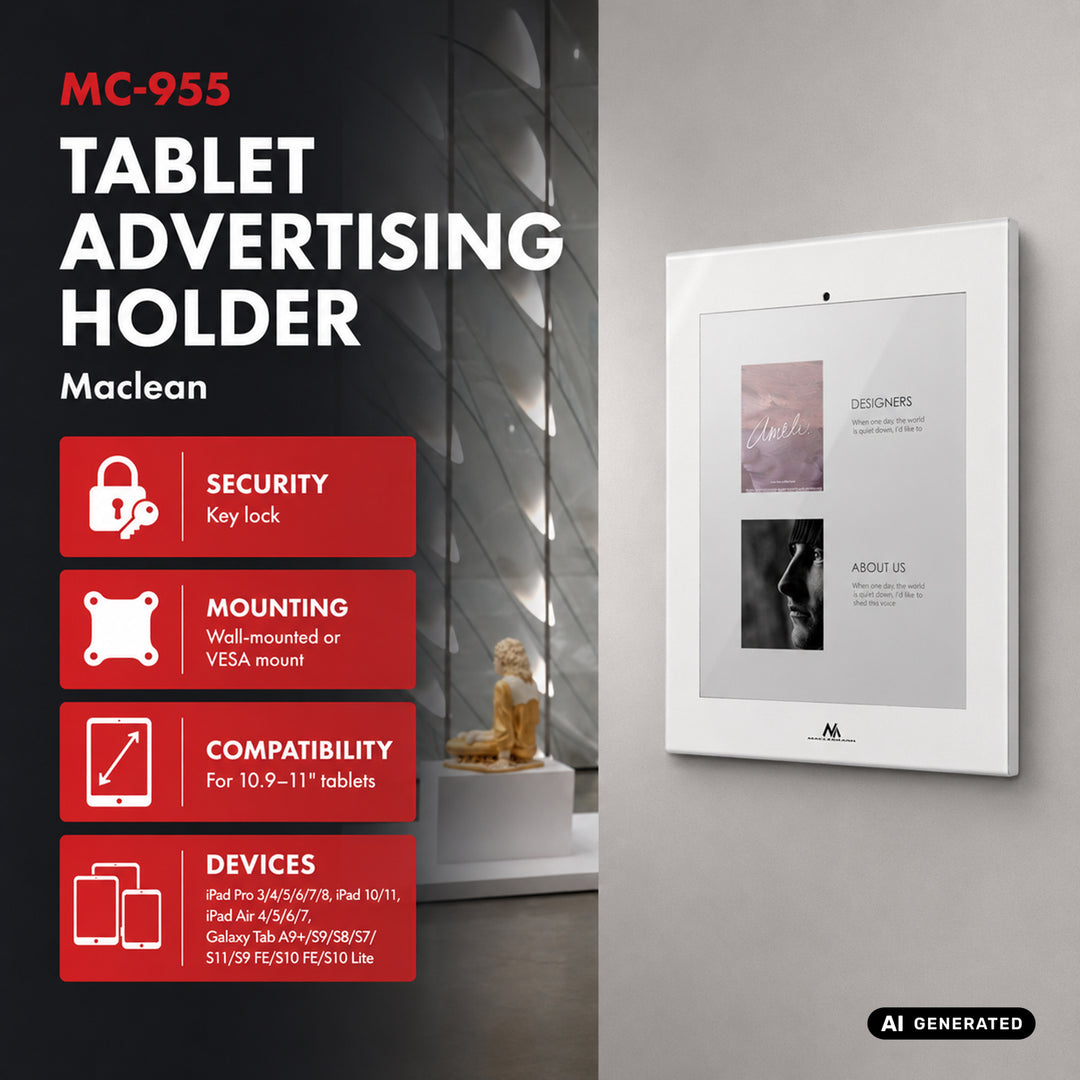 Maclean Tablet Advertising Mount with Lock, 10.9"-11", iPad Air/Pro, Samsung Tab A & S Series, 220x323x22mm, MC-955 W