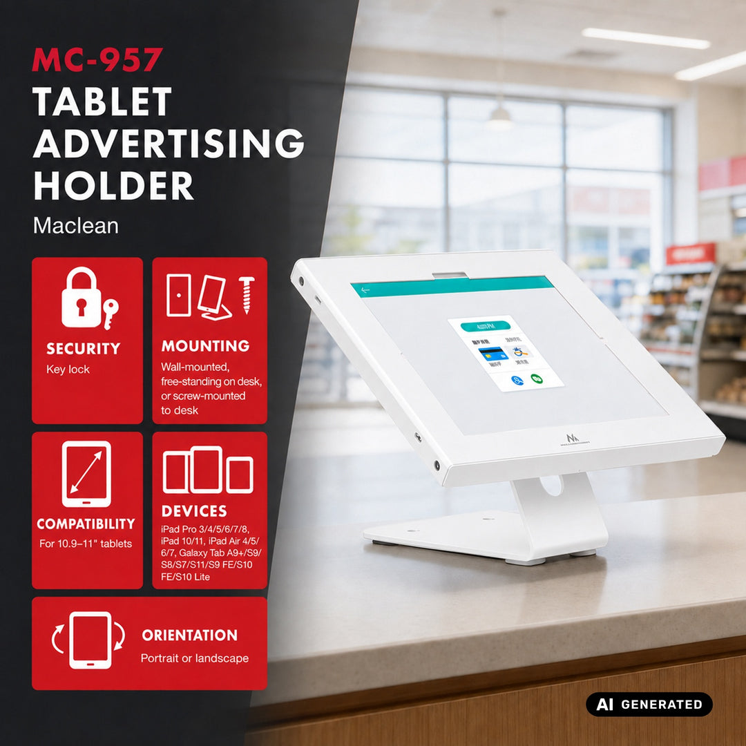 Maclean Tablet Advertising Mount with Lock, 10.9"-11", iPad Air/Pro, Samsung Tab A & S Series, 220x323x22mm, MC-957 W