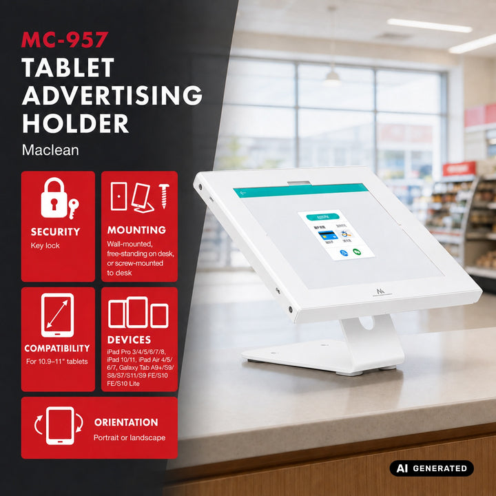 Maclean Tablet Advertising Mount with Lock, 10.9"-11", iPad Air/Pro, Samsung Tab A & S Series, 220x323x22mm, MC-957 W
