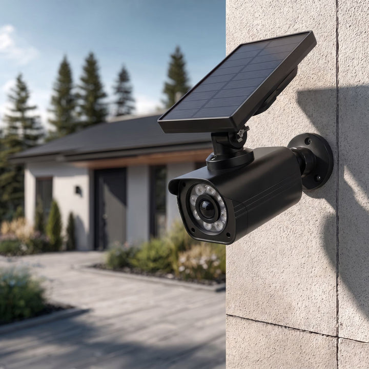 Solar-powered dummy camera, flashing LED, motion sensor, LED lighting, free sticker, SOL1800S/B