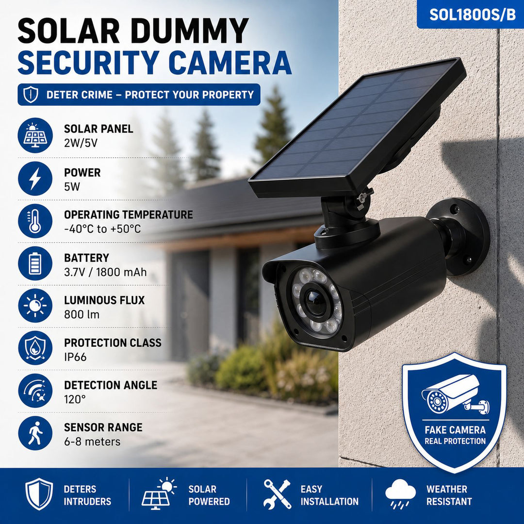 Solar-powered dummy camera, flashing LED, motion sensor, LED lighting, free sticker, SOL1800S/B