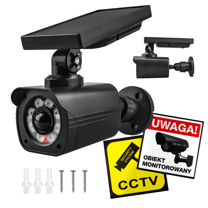 Solar-powered dummy camera, flashing LED, motion sensor, LED lighting, free sticker, SOL1800S/B