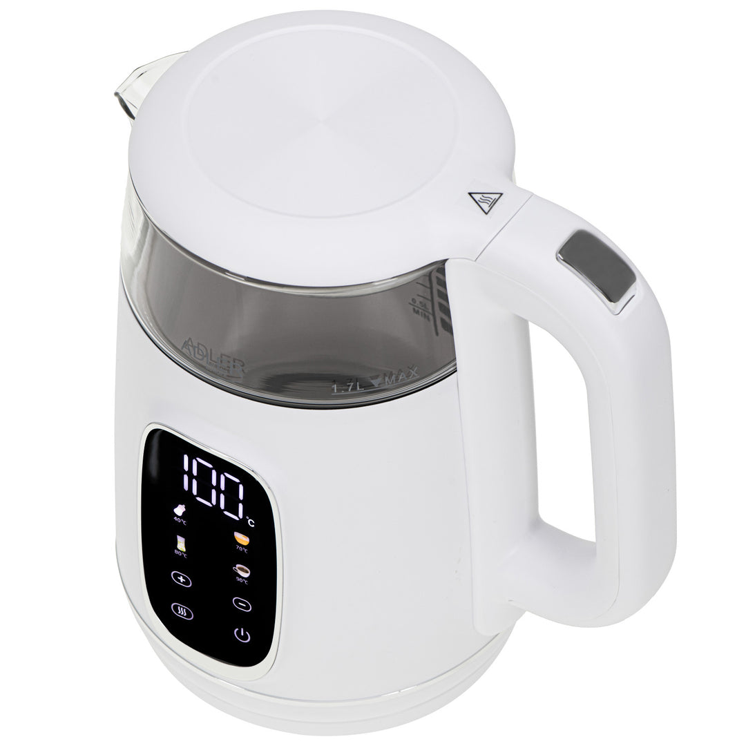 1.7L glass electric kettle with temperature control, LED, 40–100°C, Adler AD 1305 WS white