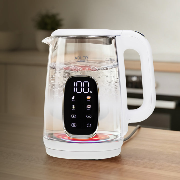 1.7L glass electric kettle with temperature control, LED, 40–100°C, Adler AD 1305 WS white
