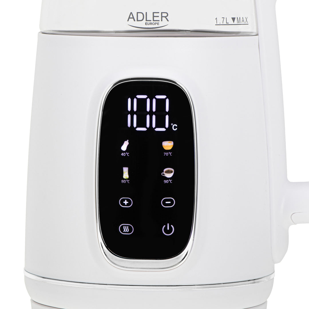 1.7L glass electric kettle with temperature control, LED, 40–100°C, Adler AD 1305 WS white