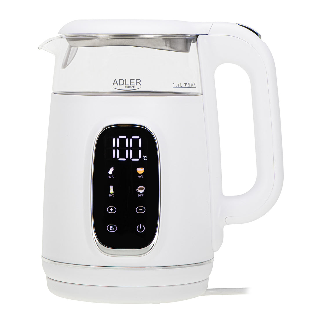 1.7L glass electric kettle with temperature control, LED, 40–100°C, Adler AD 1305 WS white