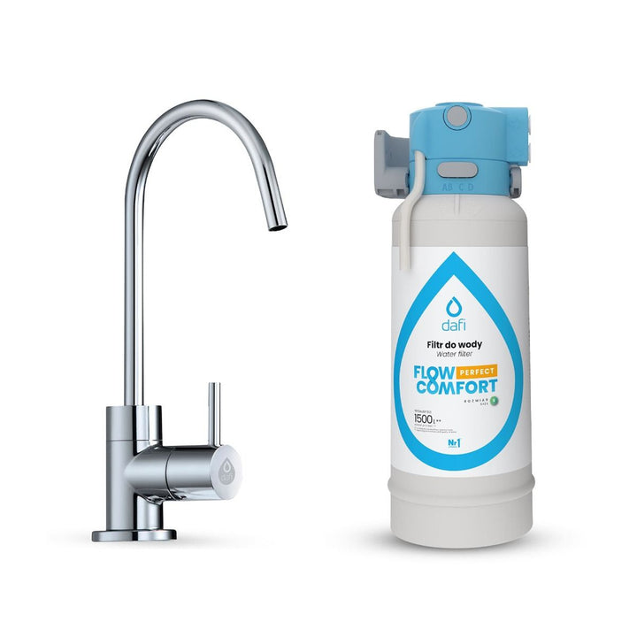 Dafi Flow Comfort Perfect filtration system, includes a filtered water faucet, filter flow rate up to 4.3 L/min, chrome finish, F.FR.FIL.POD.Z.REG.BAT.1.DR