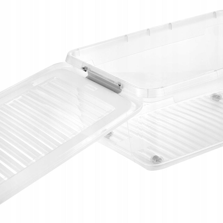 Leo Keeeper container with lid, 37L capacity, clear, with wheels, lid secured with clips
