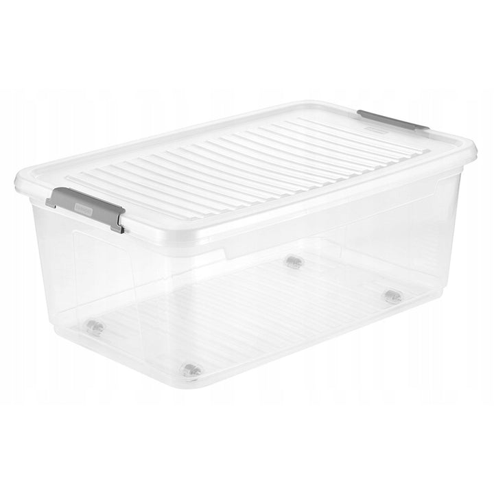 Leo Keeeper container with lid, 37L capacity, clear, with wheels, lid secured with clips