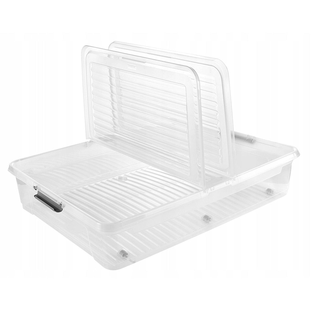 Leo Keeeper container with lid, 53L capacity, clear, with wheels, lid secured with clips