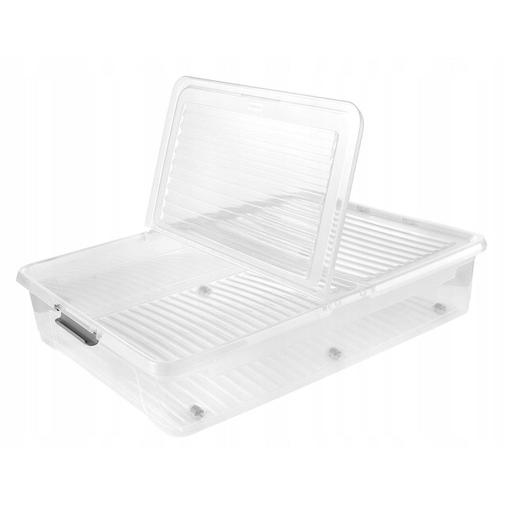 Leo Keeeper container with lid, 53L capacity, clear, with wheels, lid secured with clips