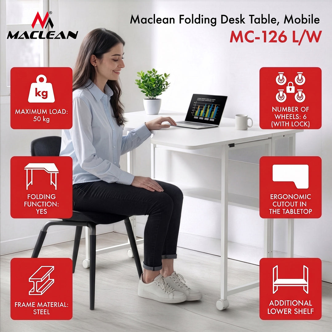Maclean Folding Desk/Table, White, Mobile, 100x73 cm, max. 50 kg, Corner, L-Shaped, MC-126 L/W