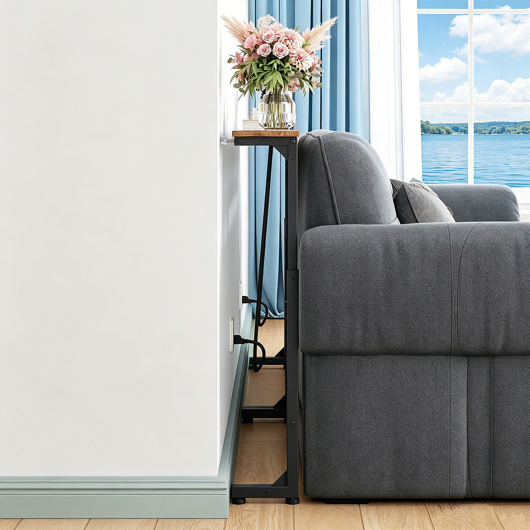 Maclean Console/Side Table with Charging Strip, black with a rustic tabletop, height adjustable 62–83 cm, max. 25 kg, 2.5 m cord, MC-140 B
