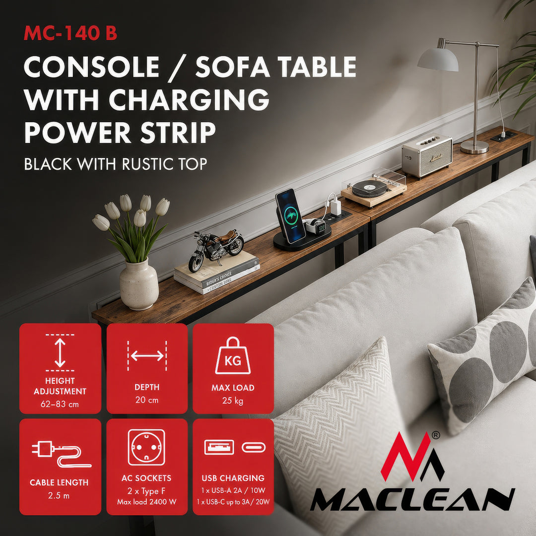 Maclean Console/Side Table with Charging Strip, black with a rustic tabletop, height adjustable 62–83 cm, max. 25 kg, 2.5 m cord, MC-140 B