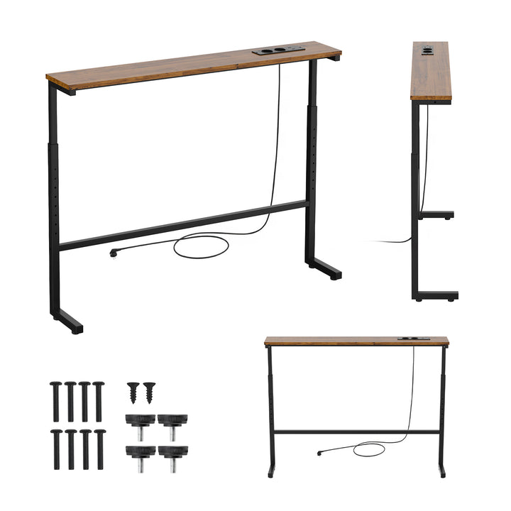 Maclean Console/Side Table with Charging Strip, black with a rustic tabletop, height adjustable 62–83 cm, max. 25 kg, 2.5 m cord, MC-140 B