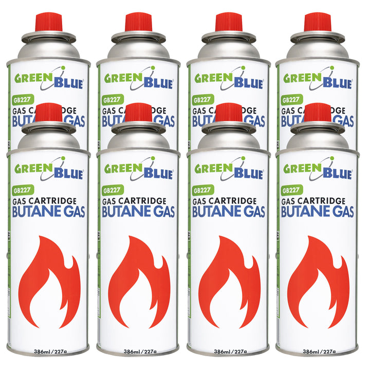 8 x 227g GreenBlue gas cartridges. Certification: Pi 0875, compliant with EN 417, butane, operating range: -10°C to +40°C, GB227