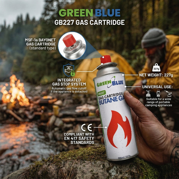 10x GreenBlue 227g gas cartridge. Certification: Pi 0875, compliant with EN 417, butane, operating range: -10°C to +40°C, GB227