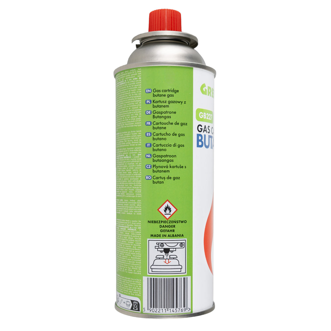 16 x 227 g GreenBlue gas cartridges. Certification: Pi 0875, compliant with EN 417, butane, operating range: -10°C to +40°C, GB227