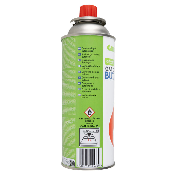 18 x 227g GreenBlue gas cartridges. Certification: Pi 0875, compliant with EN 417, butane, operating range: -10°C to +40°C, GB227