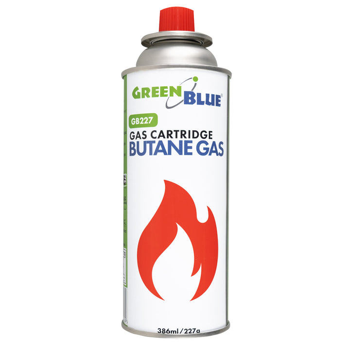 20 GreenBlue 227g gas cartridges. Certification: Pi 0875, compliant with EN 417, butane, operating range: -10°C to +40°C, GB227