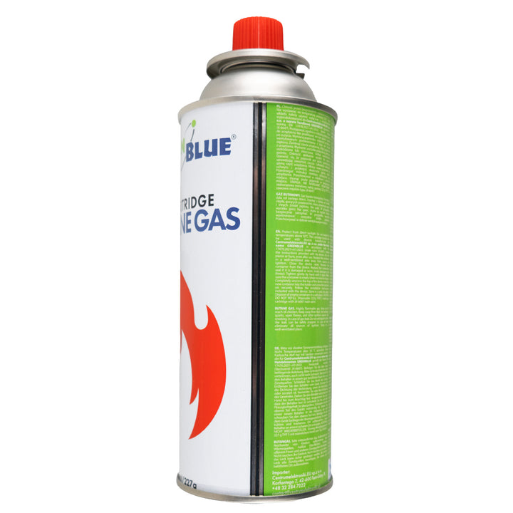 28x GreenBlue 227g gas cartridge. Certification: Pi 0875, compliant with EN 417, butane, operating range: -10°C to +40°C, GB227