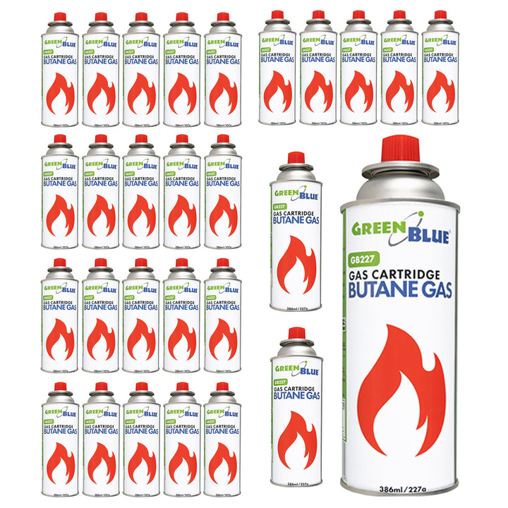 28x GreenBlue 227g gas cartridge. Certification: Pi 0875, compliant with EN 417, butane, operating range: -10°C to +40°C, GB227