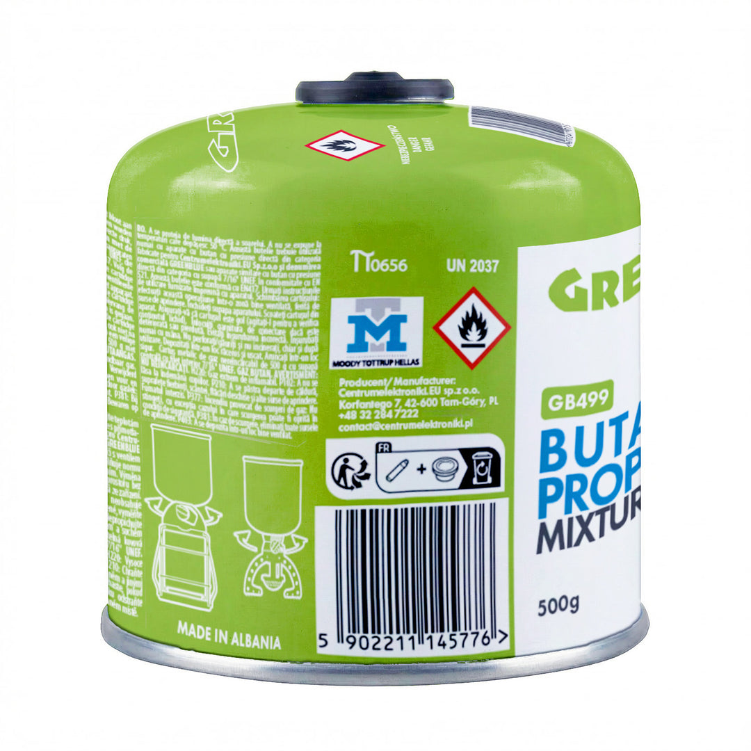 2 x 500g GreenBlue gas cartridges. Certification: Pi 0437, compliant with EN 417, butane-propane, operating temperature range: -10°C to +40°C, 7/16" threaded valve GB499