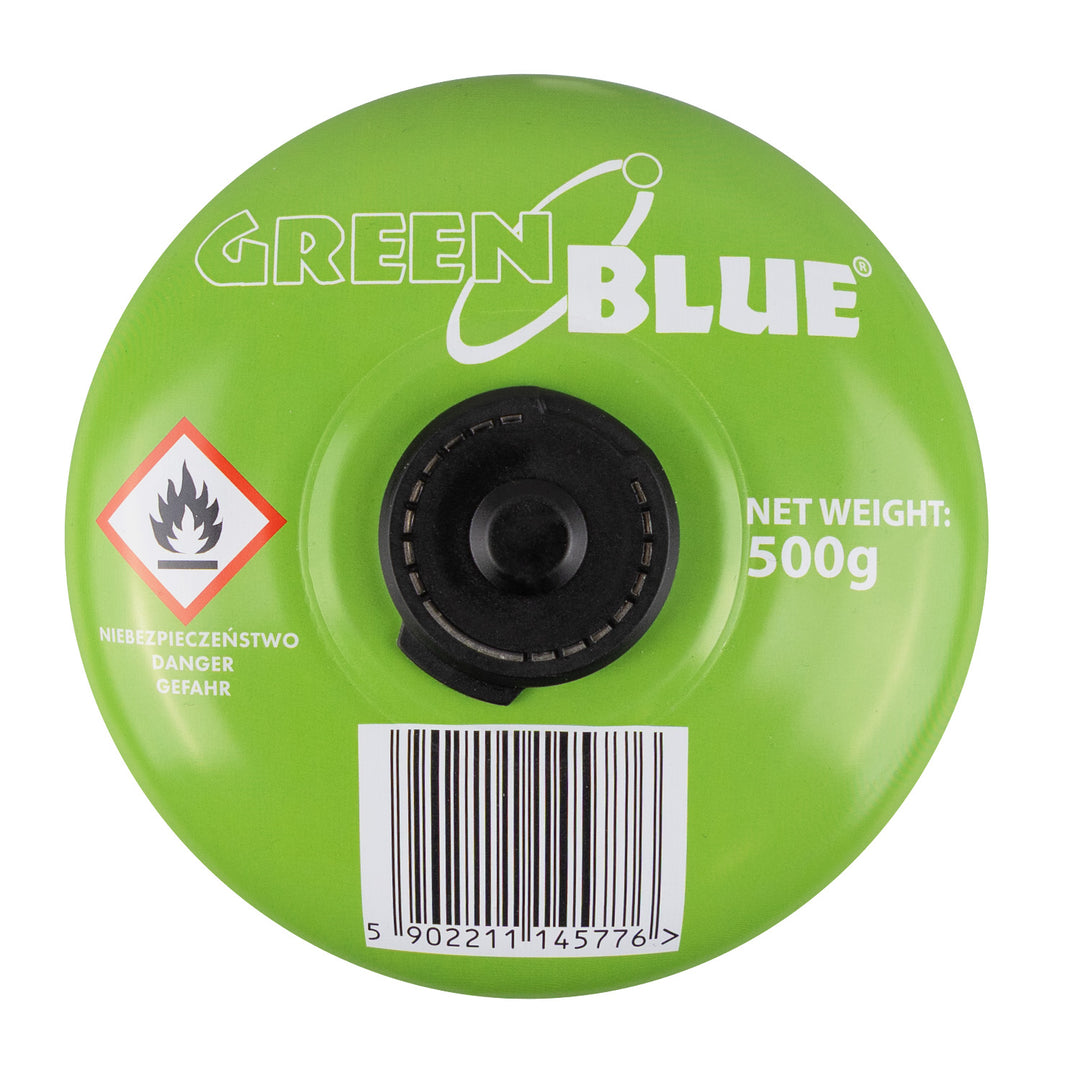 2 x 500g GreenBlue gas cartridges. Certification: Pi 0437, compliant with EN 417, butane-propane, operating temperature range: -10°C to +40°C, 7/16" threaded valve GB499