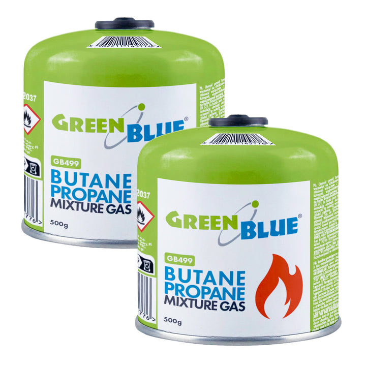 2 x 500g GreenBlue gas cartridges. Certification: Pi 0437, compliant with EN 417, butane-propane, operating temperature range: -10°C to +40°C, 7/16" threaded valve GB499