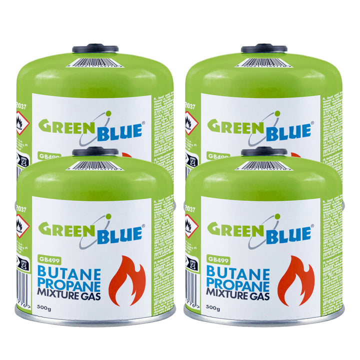 4 x 500g GreenBlue gas cartridges. Certification: Pi 0437, compliant with EN 417, butane-propane, operating temperature range: -10°C to +40°C, 7/16'' threaded valve GB499