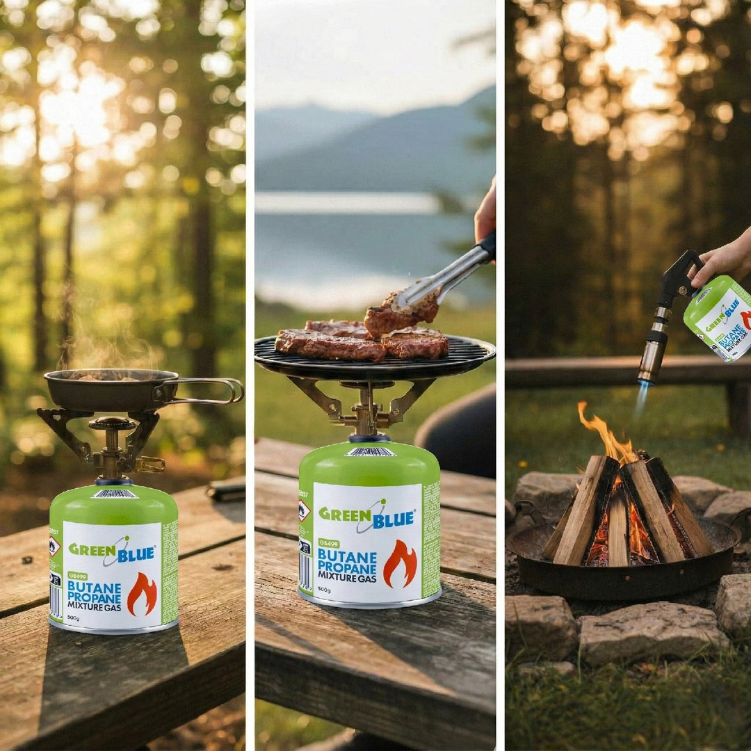 6 x 500g GreenBlue gas cartridges. Certification: Pi 0437, compliant with EN 417, butane-propane, operating temperature range: -10°C to +40°C, 7/16'' threaded valve GB499