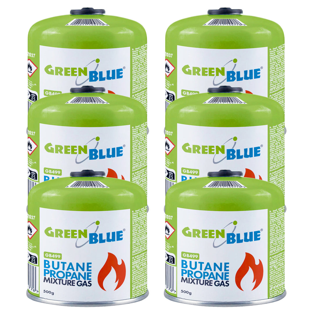 6 x 500g GreenBlue gas cartridges. Certification: Pi 0437, compliant with EN 417, butane-propane, operating temperature range: -10°C to +40°C, 7/16'' threaded valve GB499