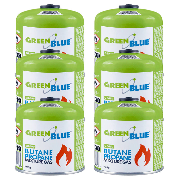 6 x 500g GreenBlue gas cartridges. Certification: Pi 0437, compliant with EN 417, butane-propane, operating temperature range: -10°C to +40°C, 7/16'' threaded valve GB499
